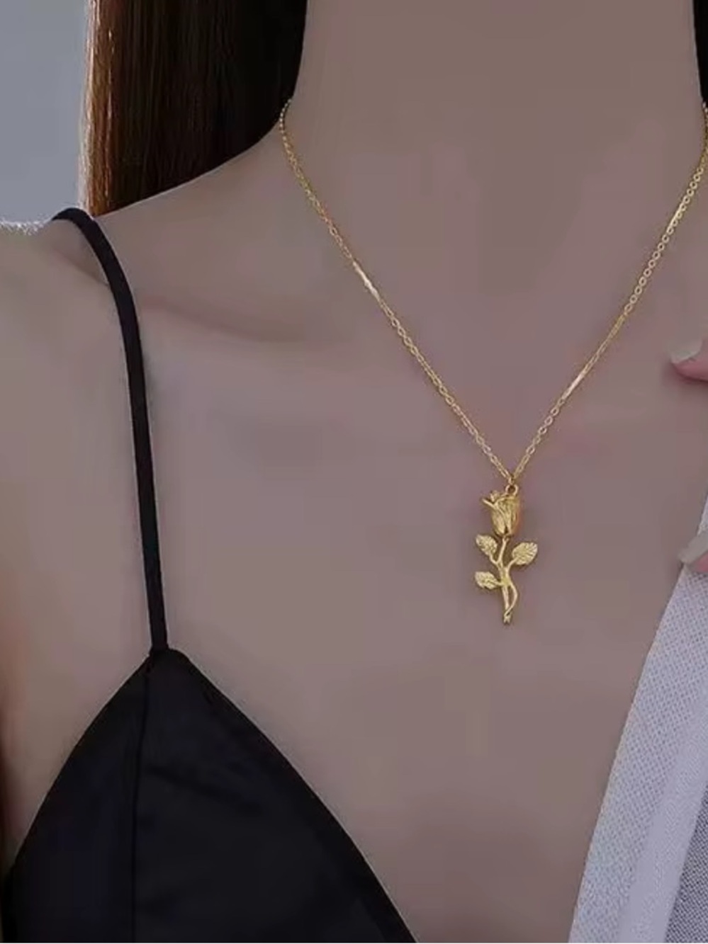 Gold Plated Rose Pendant Necklace Stainless Steel - Picture 6 of 7